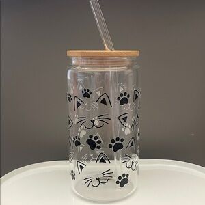 Cat-Themed Glass Tumbler with Straw